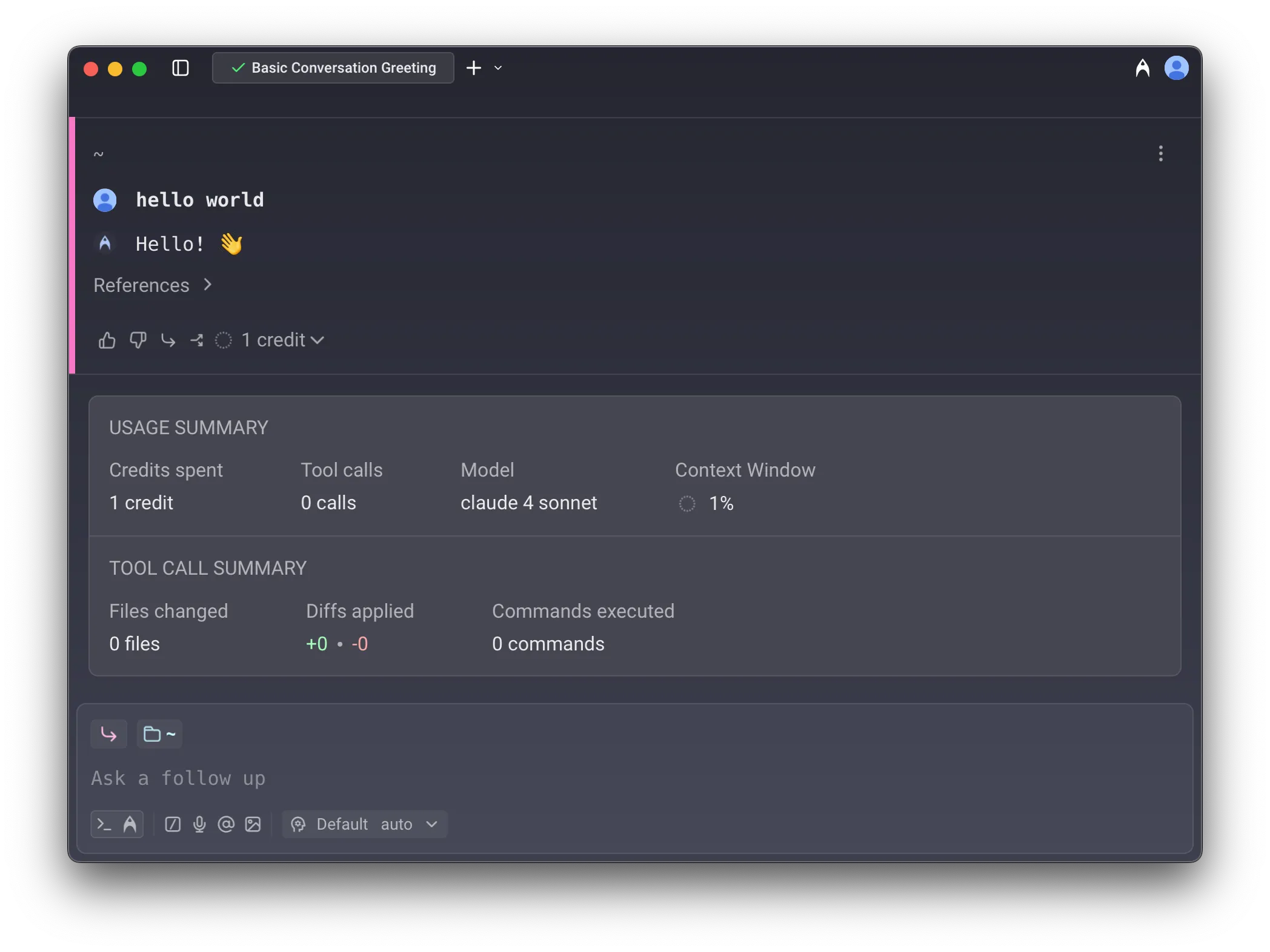 The conversation usage footer shows how many credits a conversation has consumed, and breaks down the usage by credits, tool calls, context window, files changed, diffs applied, and more.